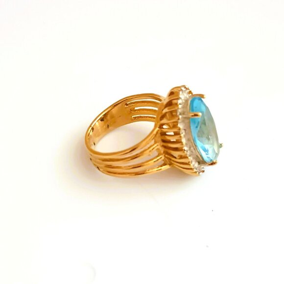 Gold Solitaire Oval Light Blue Ring 8.75 Clear Stone Baguettes Statement Jewelry - Picture 5 of 9